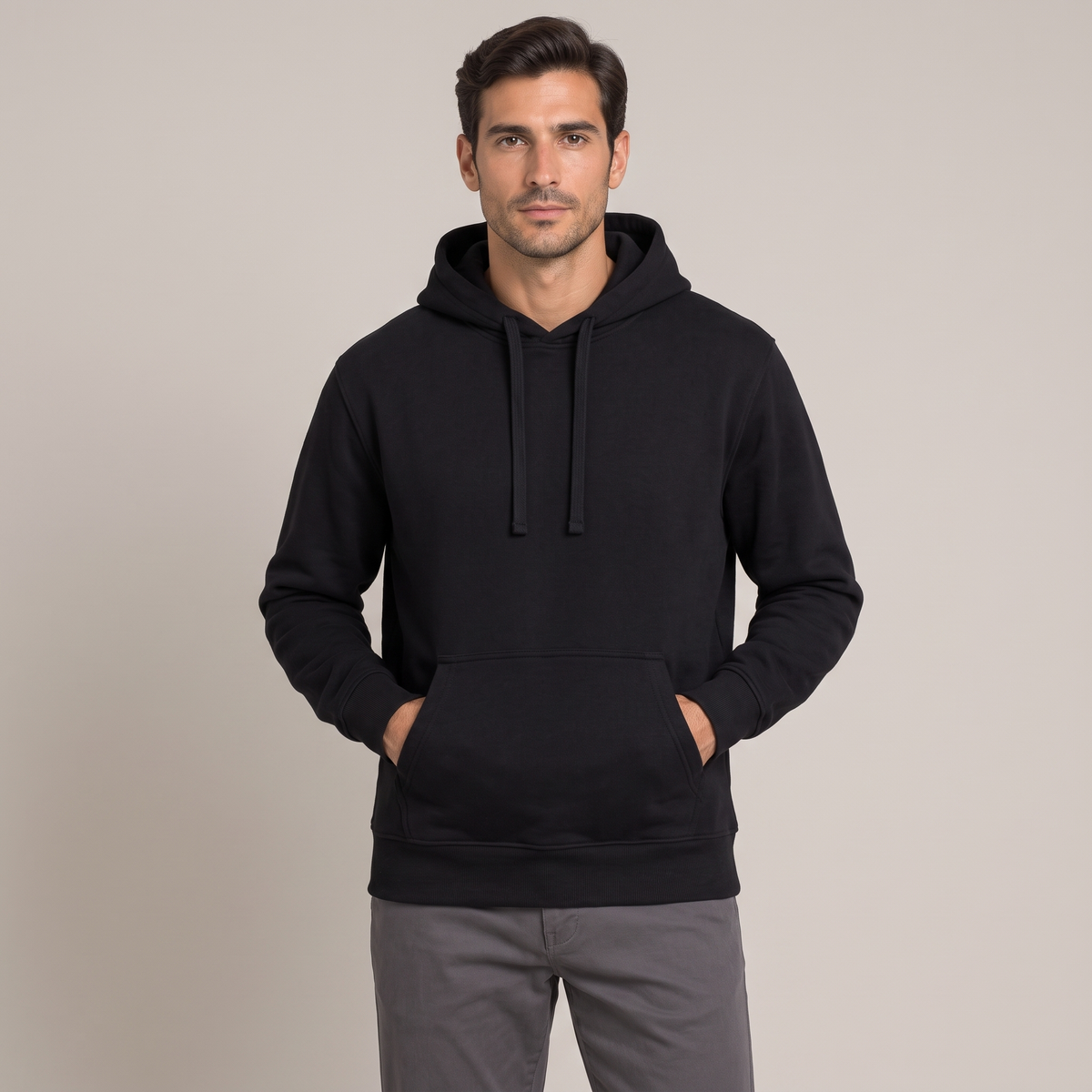 Men's black 400gsm heavy cotton terry hoodie, front view