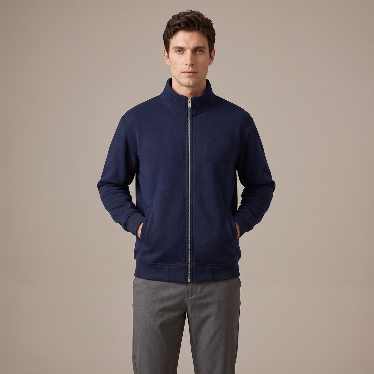 Men's navy 420gsm stand collar zip-up sweatshirt, front view