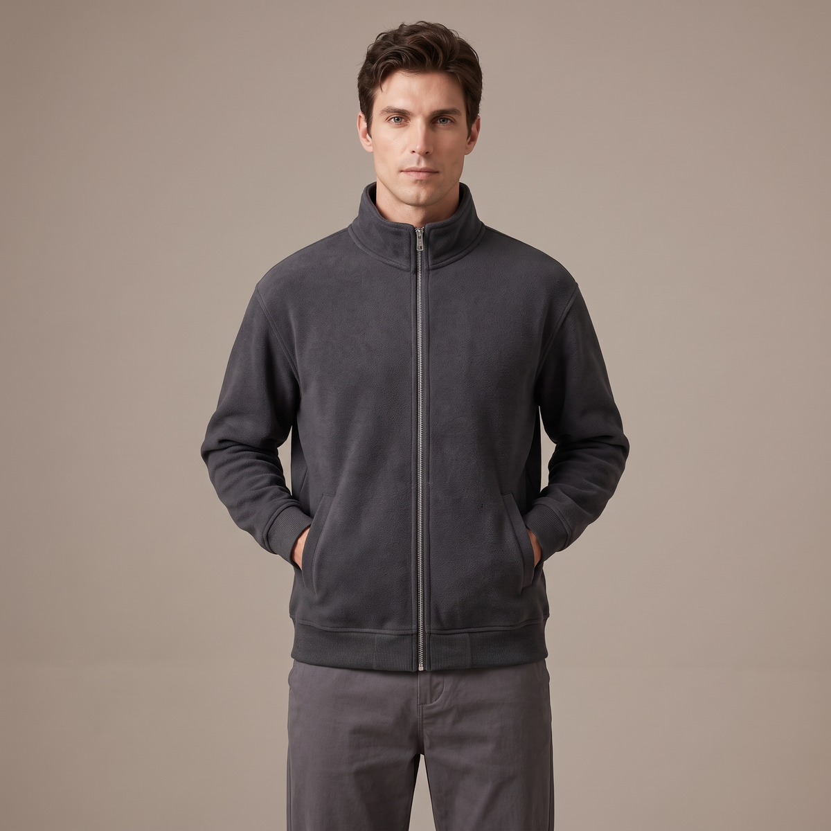 Men's charcoal 420gsm stand collar zip-up sweatshirt, front view