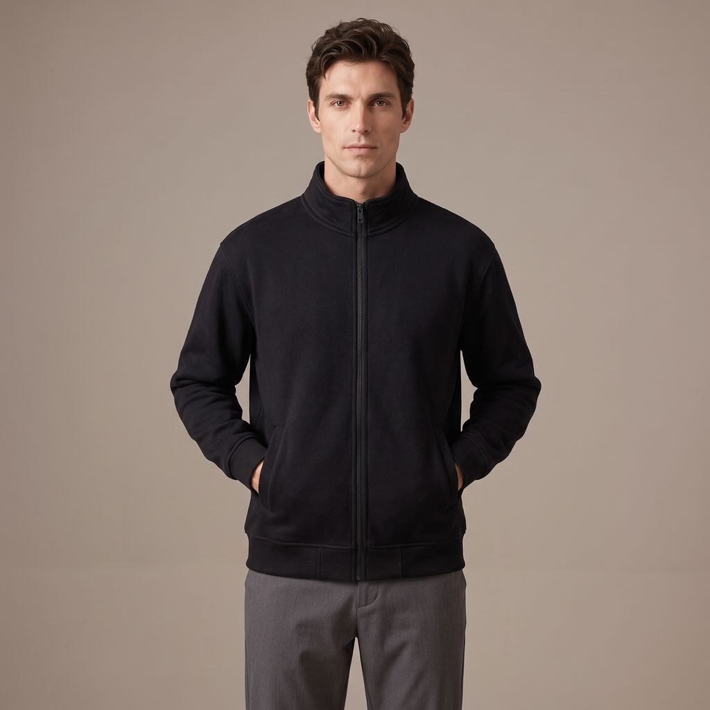 Men's black 420gsm stand collar zip-up sweatshirt, front view