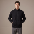 Men's black 420gsm stand collar zip-up sweatshirt, front view