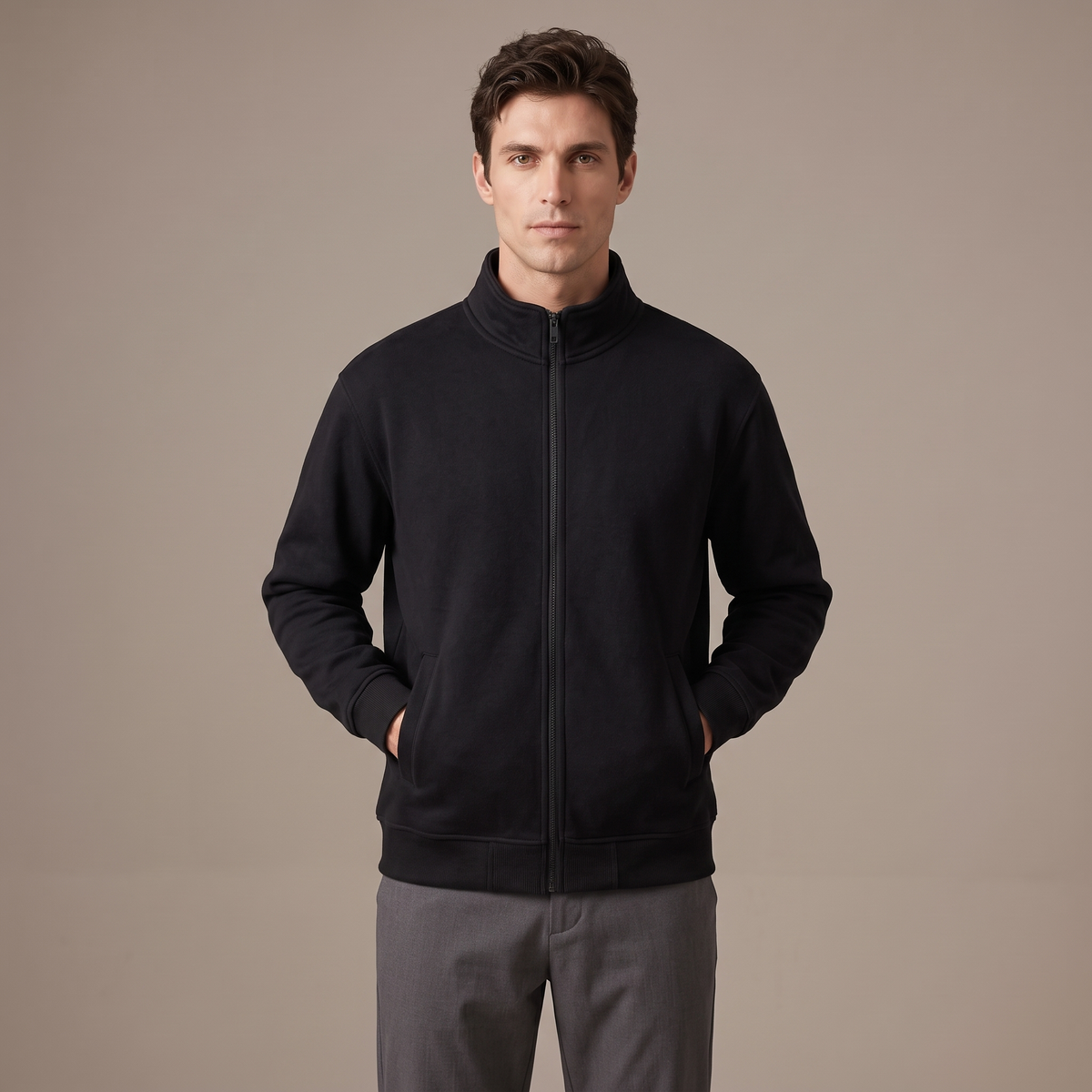 Men's black 420gsm stand collar zip-up sweatshirt, front view