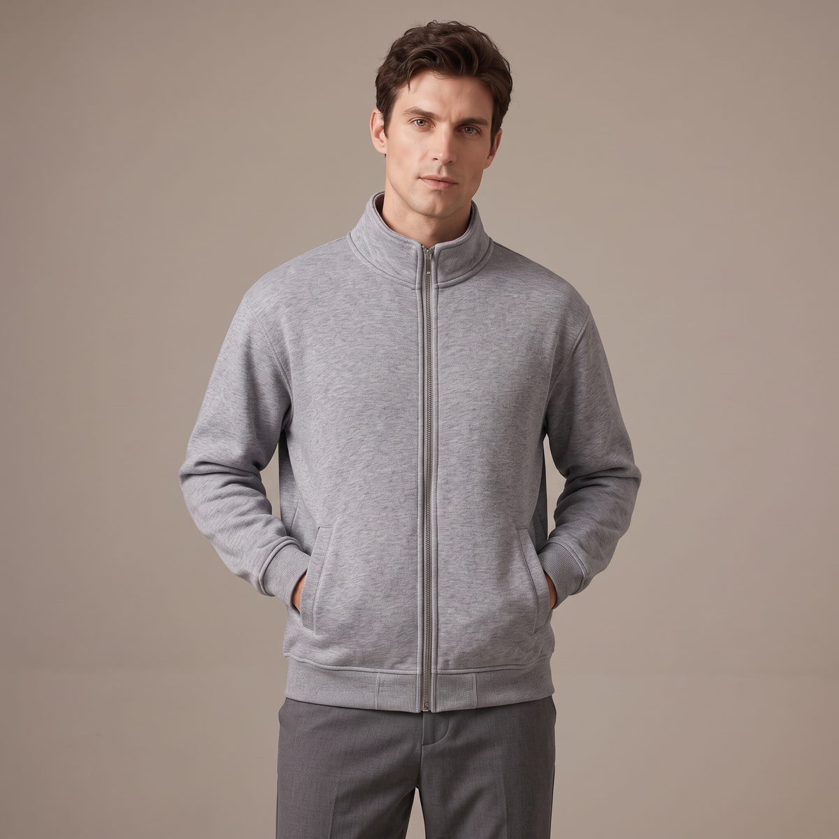 Men's grey 420gsm stand collar zip-up sweatshirt, front view