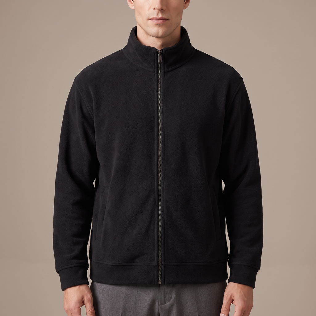 Close detail of the stand collar and zip on the 420gsm fleece sweatshirt, in black