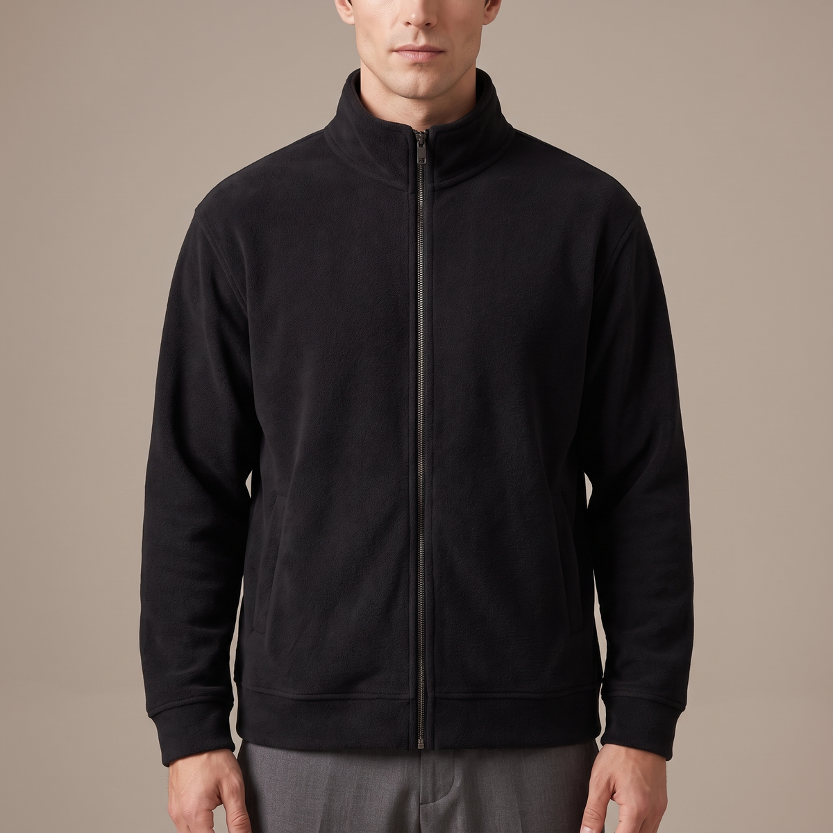 Close detail of the stand collar and zip on the 420gsm fleece sweatshirt, in black