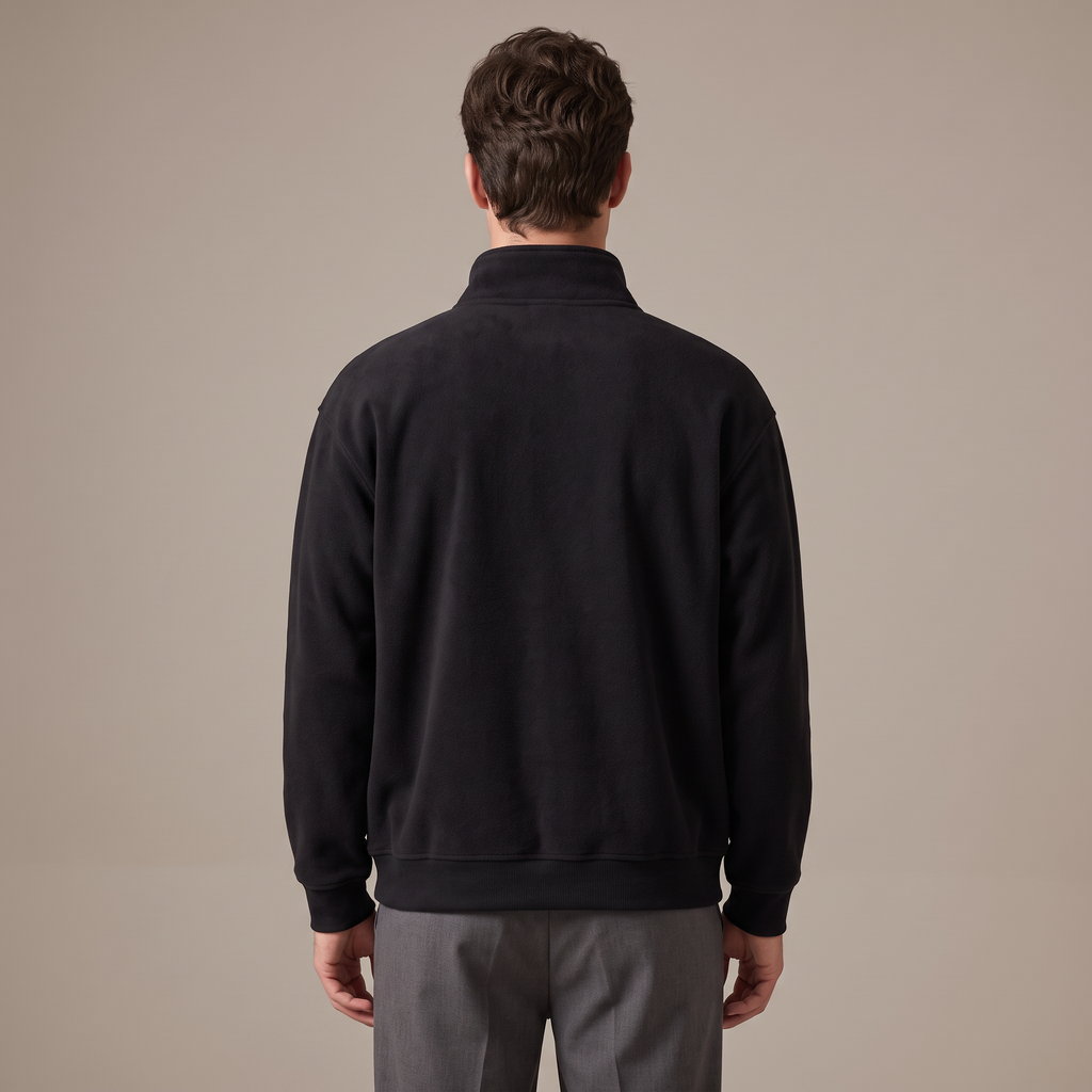 Men's black stand collar zip-up sweatshirt, back view