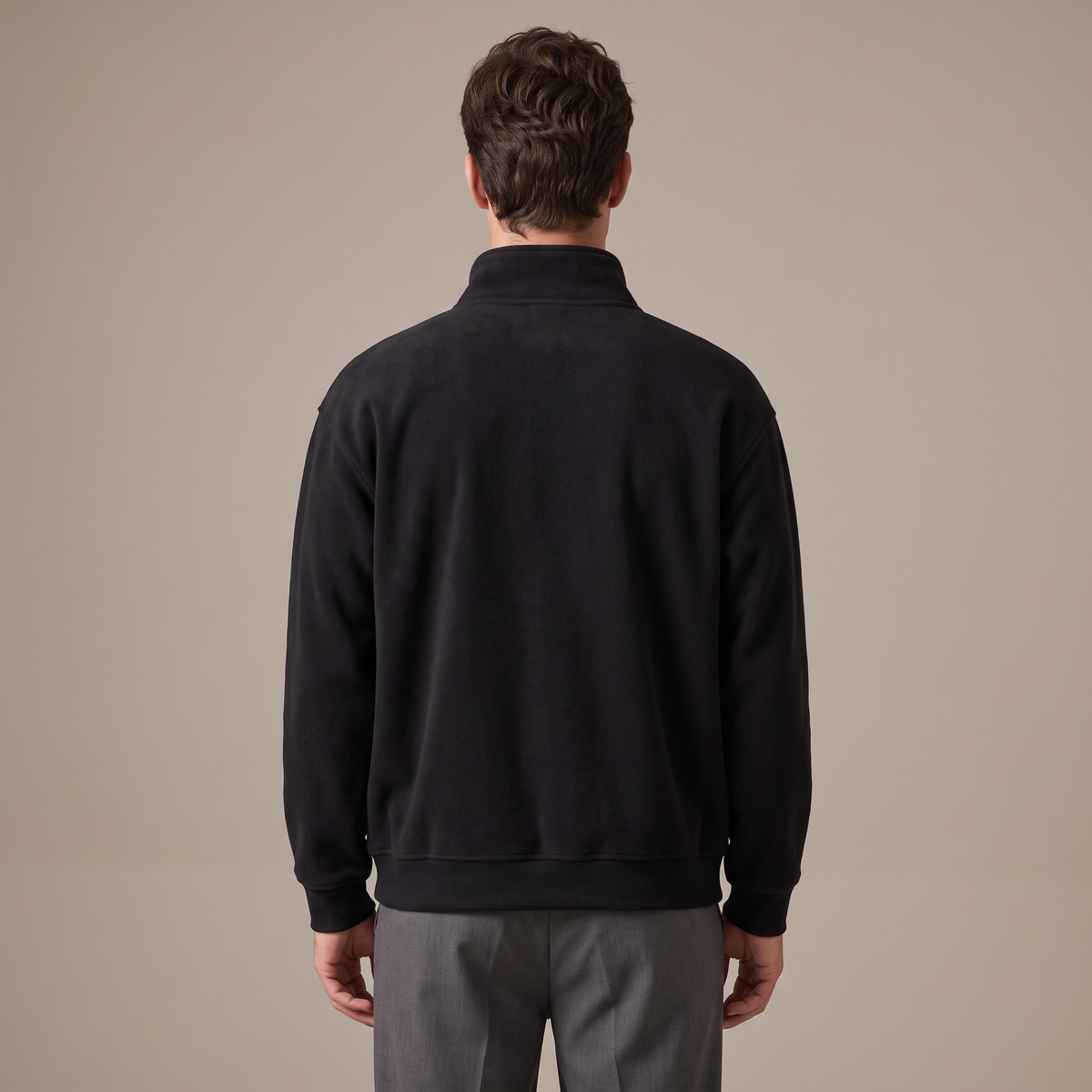 Men's black stand collar zip-up sweatshirt, back view