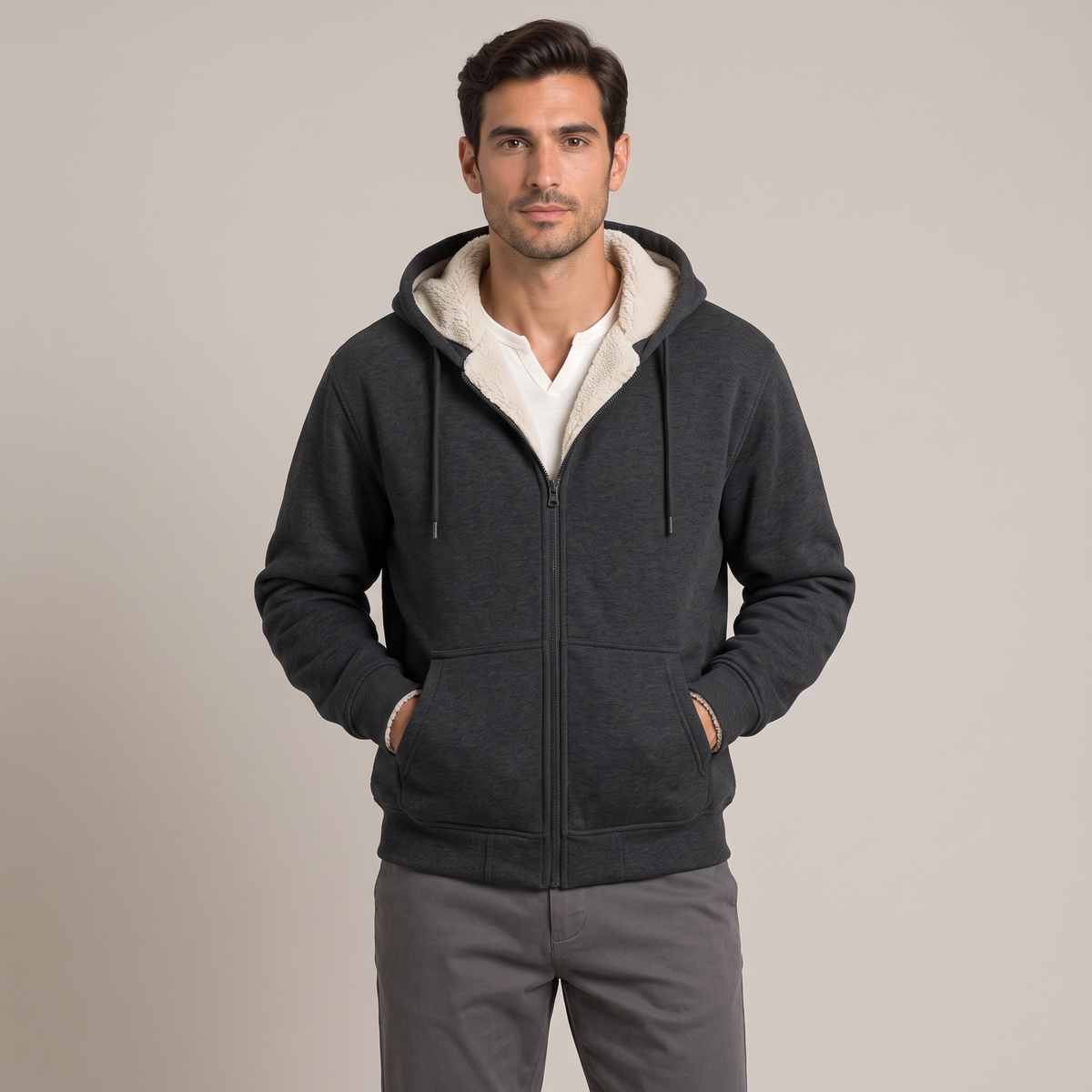 Men's charcoal sherpa-lined zip-up hoodie, front view