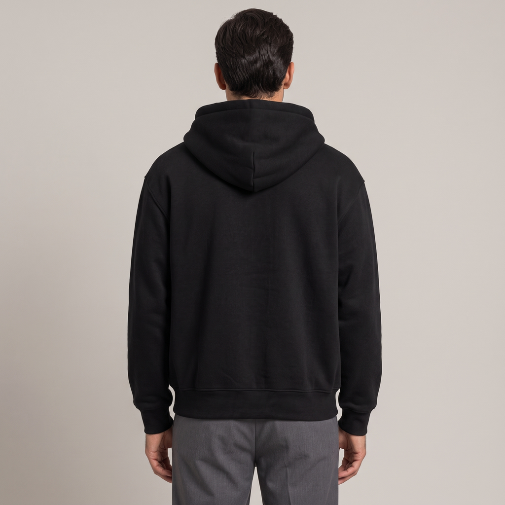 Men's black sherpa-lined zip-up hoodie, back view