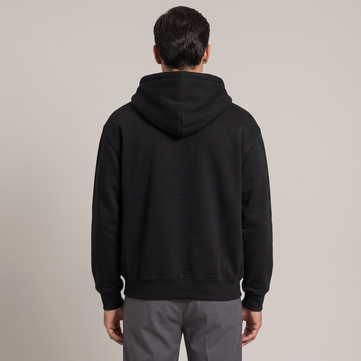 Men's black sherpa-lined zip-up hoodie, back view