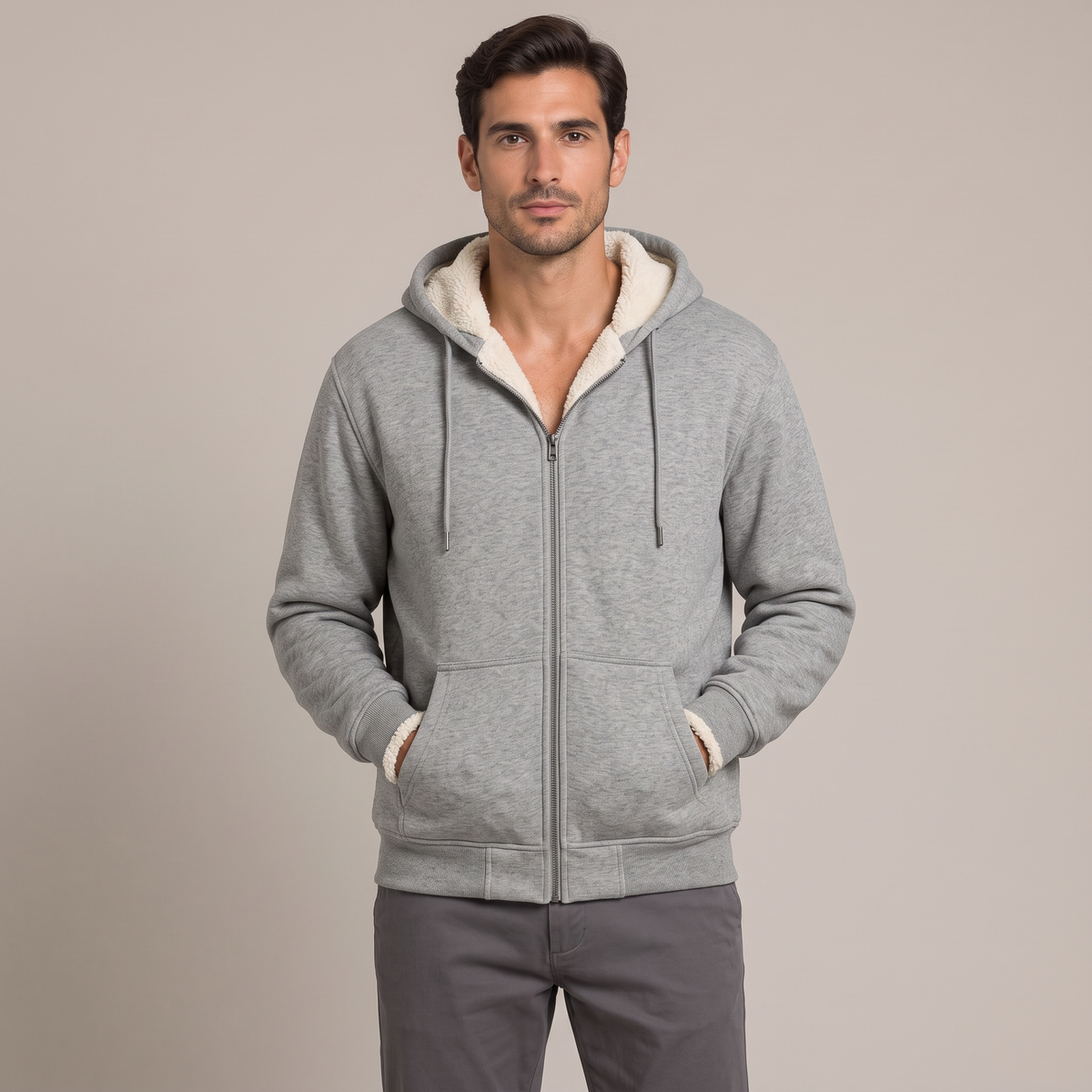 Men's grey sherpa-lined zip-up hoodie, front view