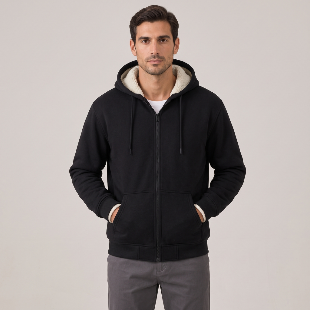 Men's black sherpa-lined zip-up hoodie, front view