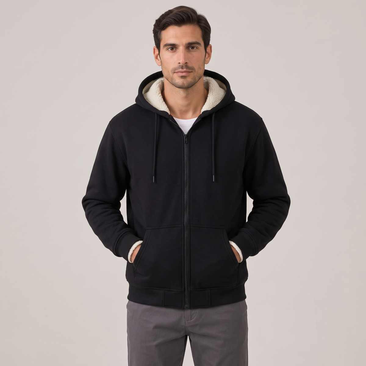 Men's black sherpa-lined zip-up hoodie, front view