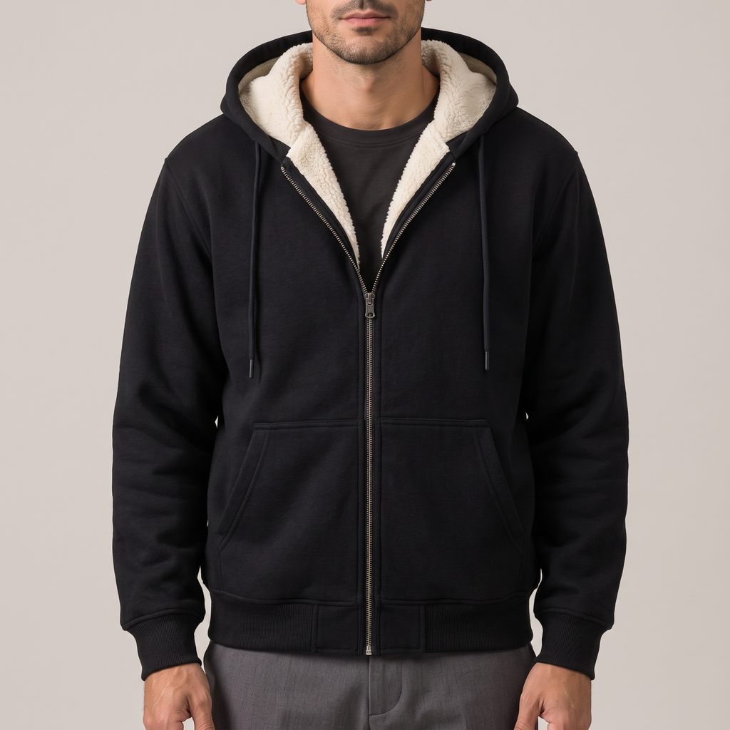 Close detail of the sherpa lining at the hood and zip, in black