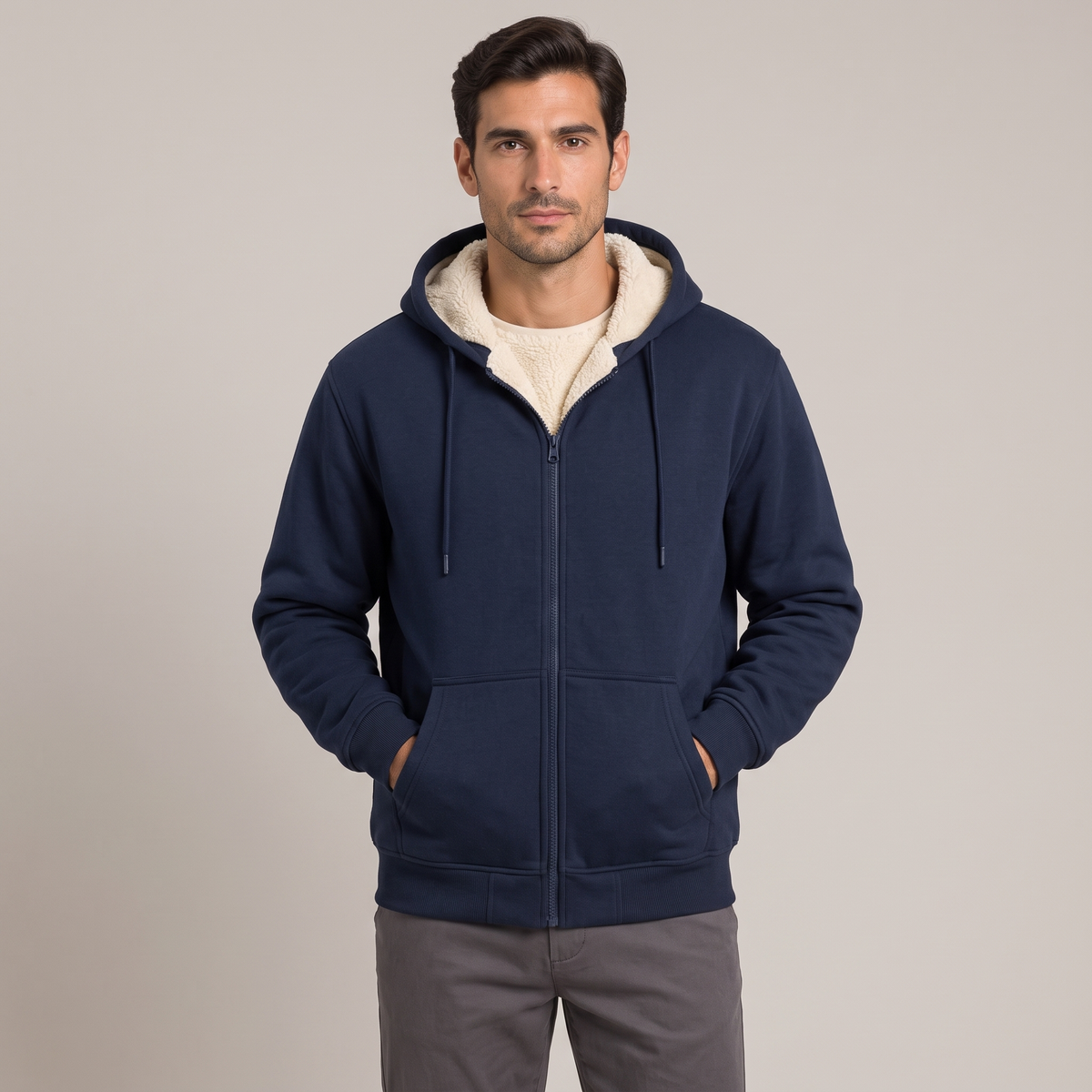 Men's navy sherpa-lined zip-up hoodie, front view