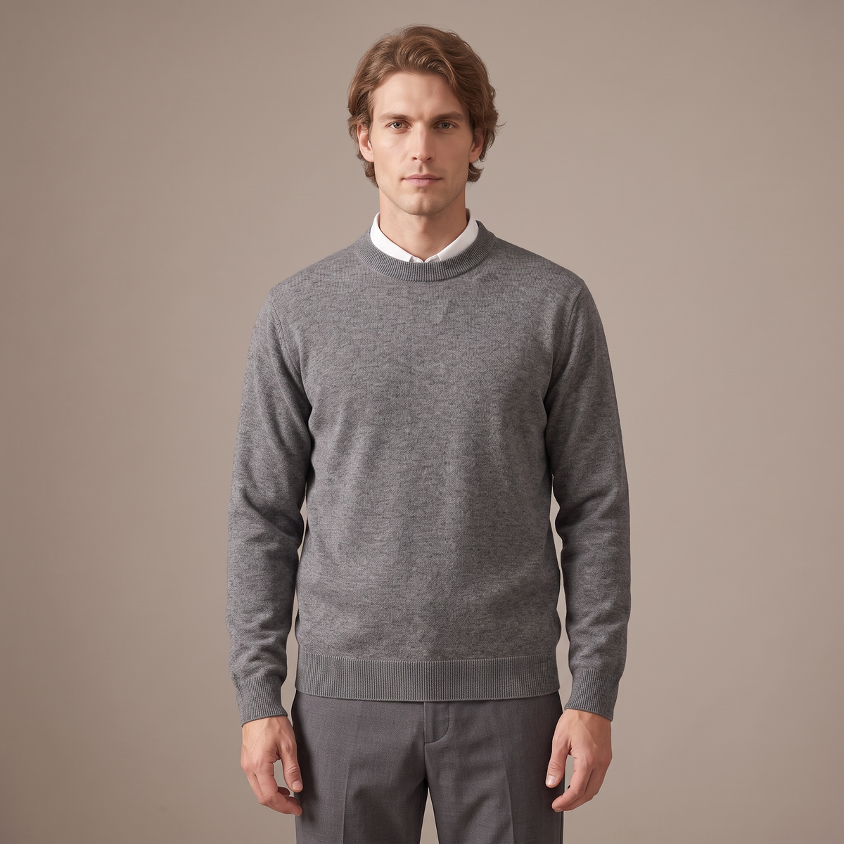 Men's grey fine-gauge knitted crew neck jumper, front view