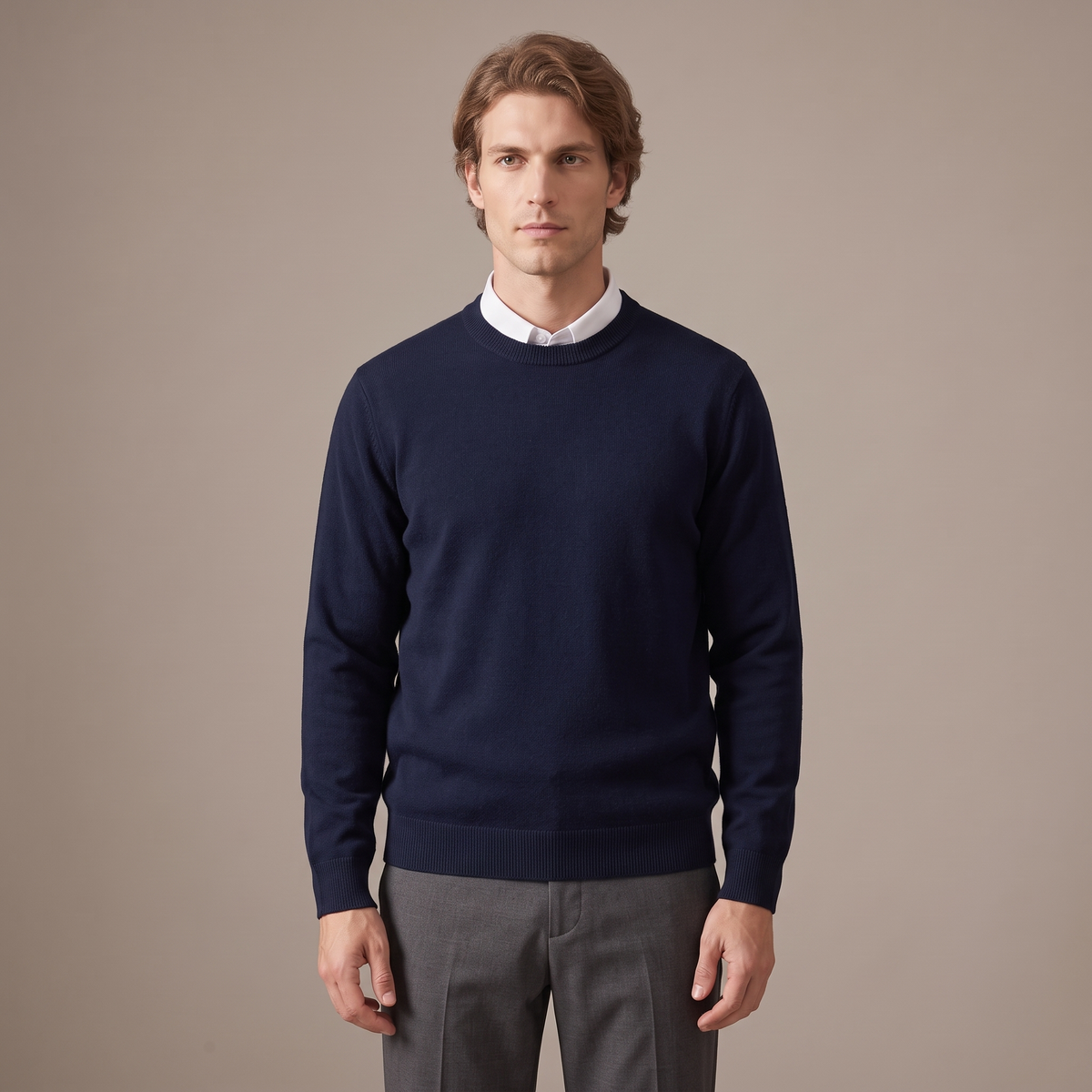 Men's navy fine-gauge knitted crew neck jumper, front view