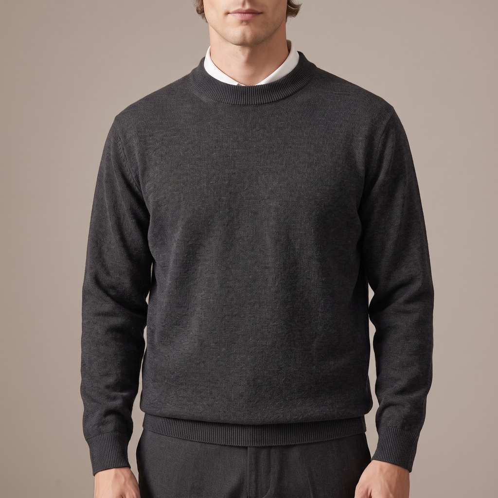 Close detail of the ribbed crew neck and fine knit stitch, in charcoal