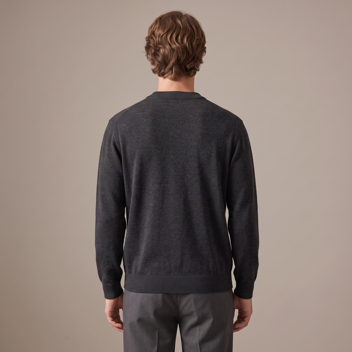 Men's charcoal knitted crew neck jumper, back view