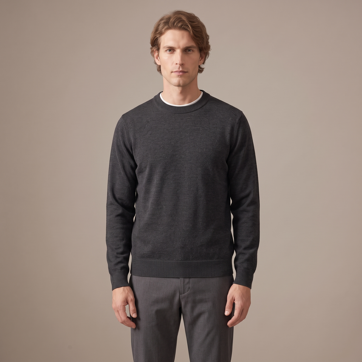 Men's charcoal fine-gauge knitted crew neck jumper, front view