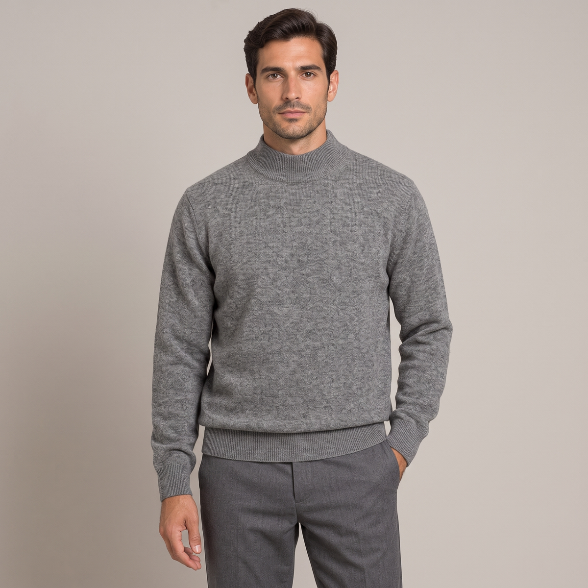 Men's grey 100% wool half turtleneck jumper, front view