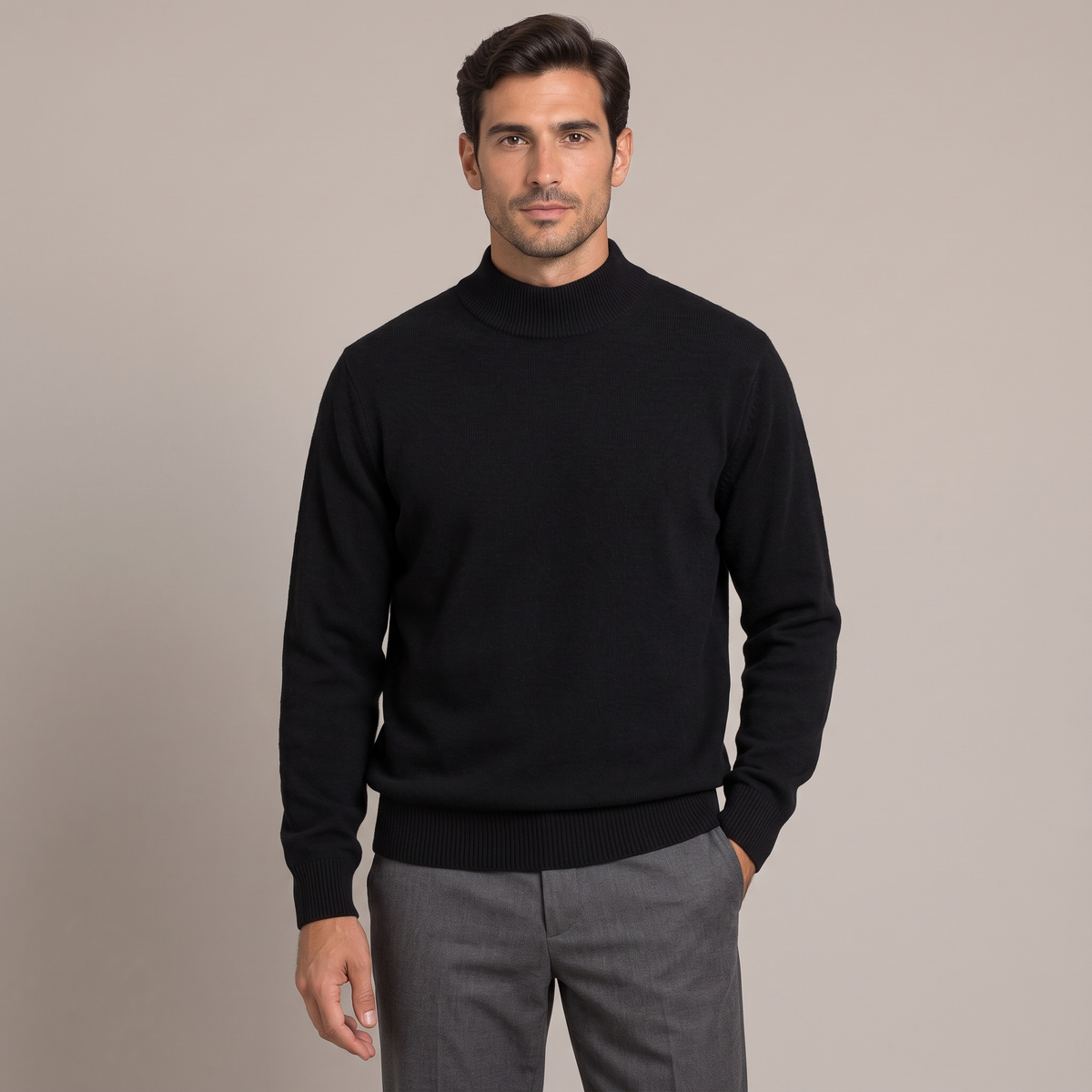 Men's black 100% wool half turtleneck jumper, front view