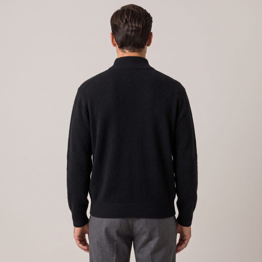 Men's black wool half turtleneck jumper, back view