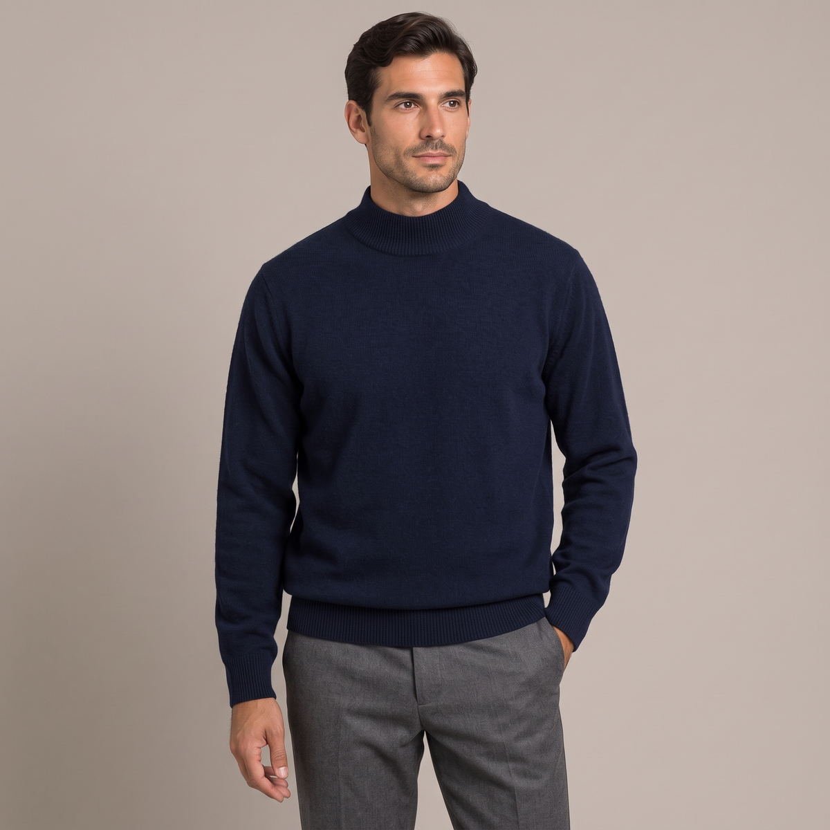 Men's navy 100% wool half turtleneck jumper, front view