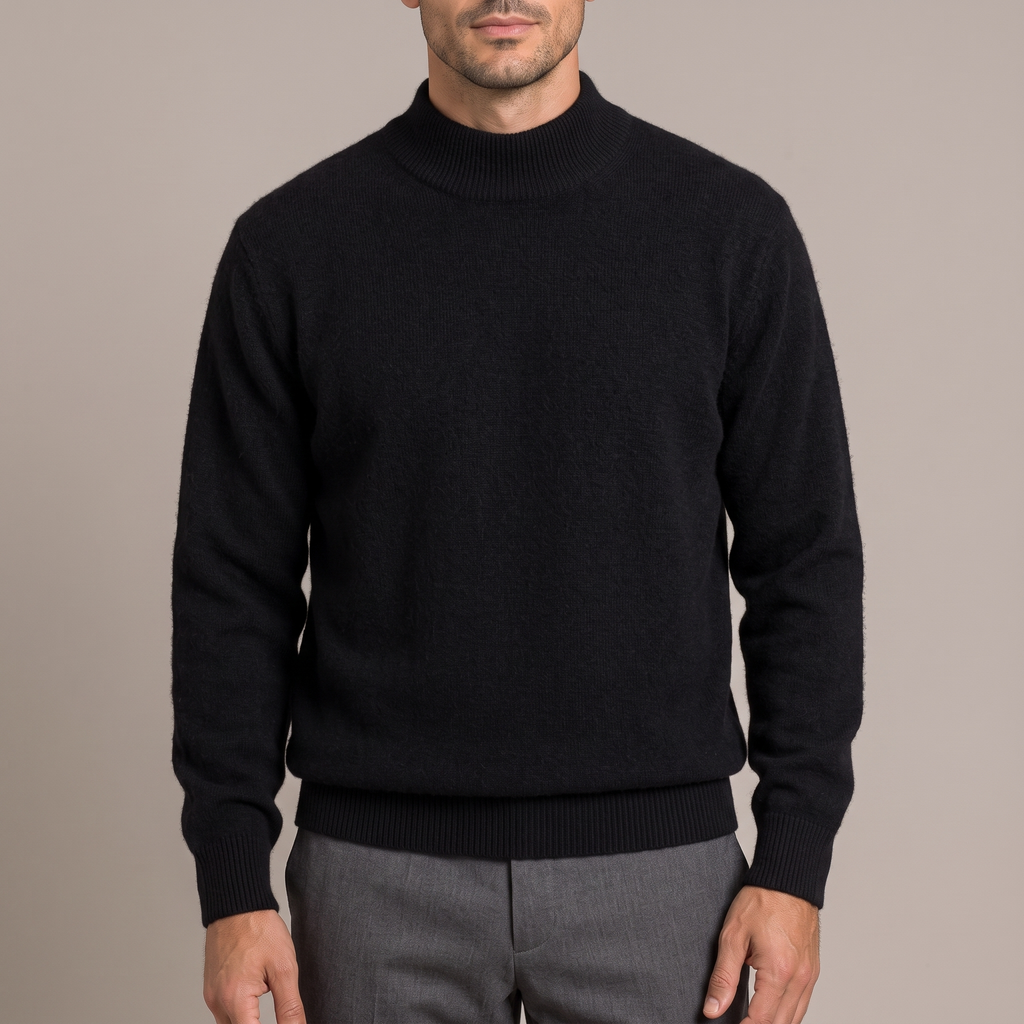 Close detail of the ribbed half turtleneck collar and wool knit, in black