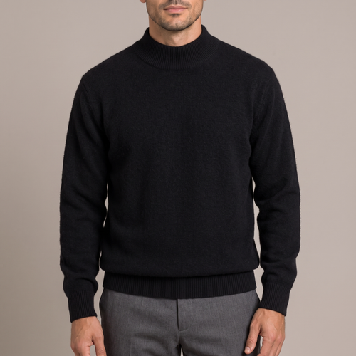 Close detail of the ribbed half turtleneck collar and wool knit, in black