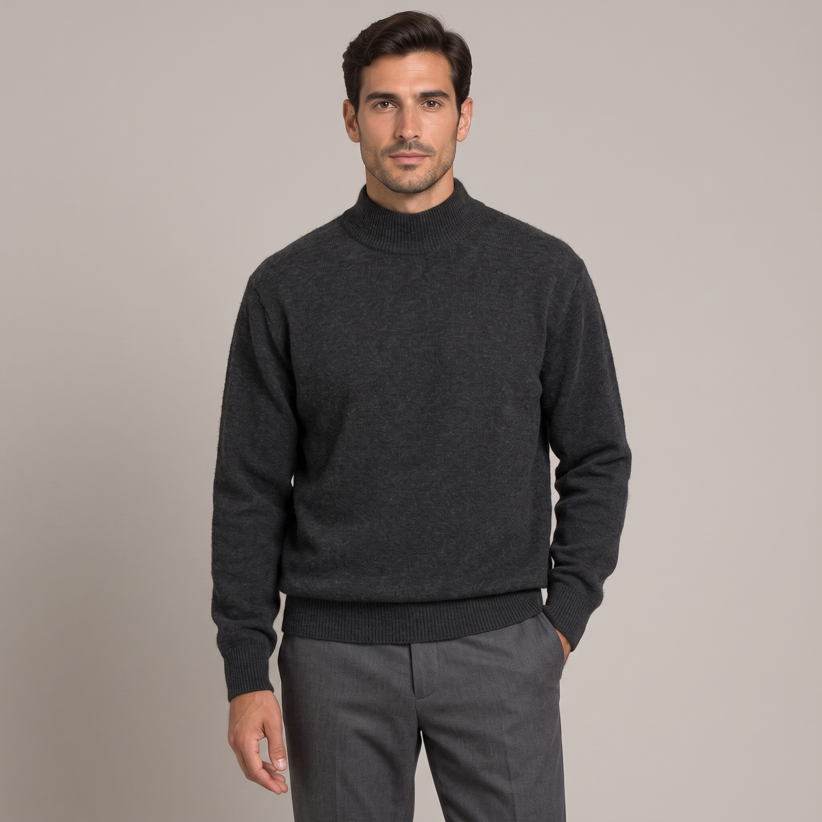 Men's charcoal 100% wool half turtleneck jumper, front view