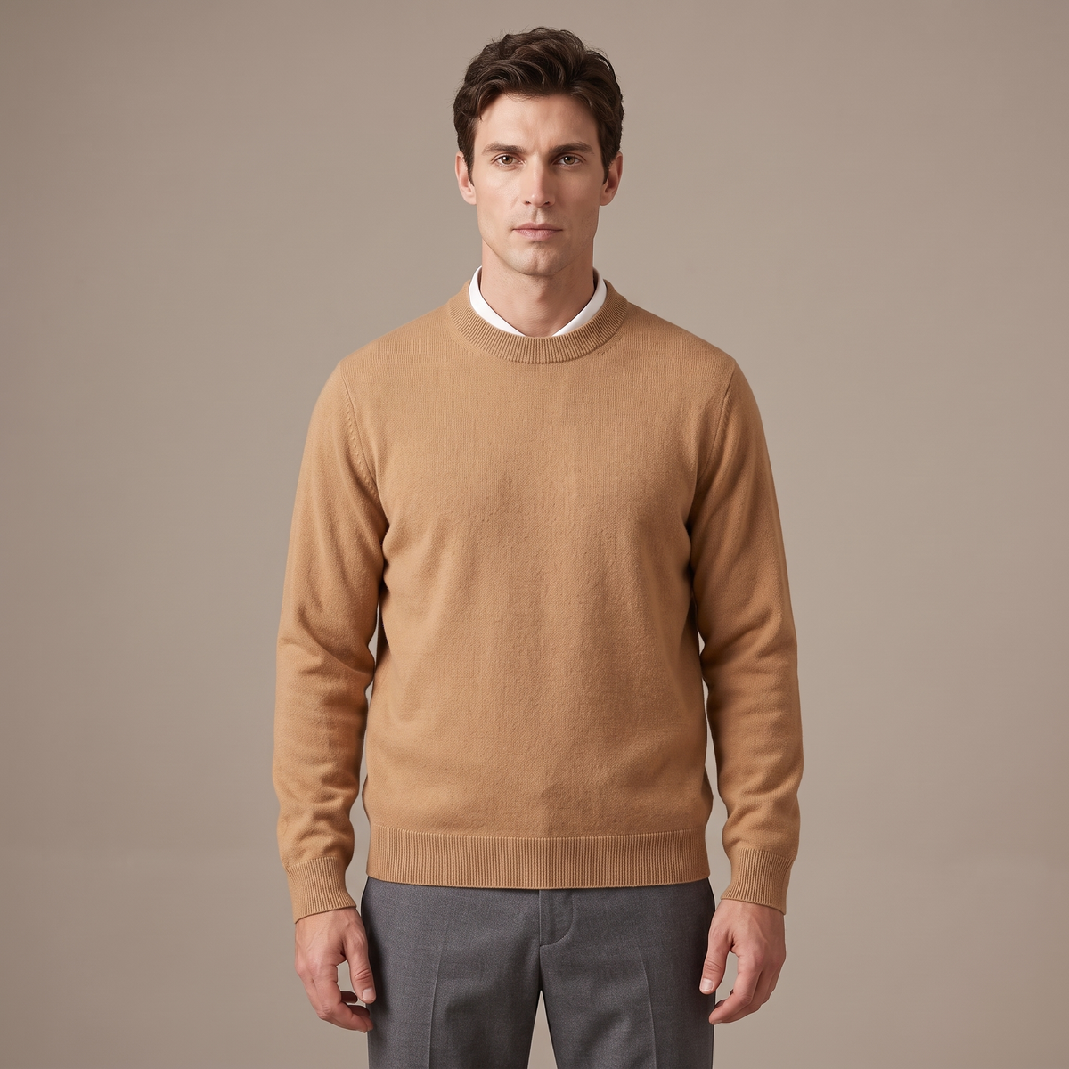 Men's camel 100% merino wool crew neck jumper, front view
