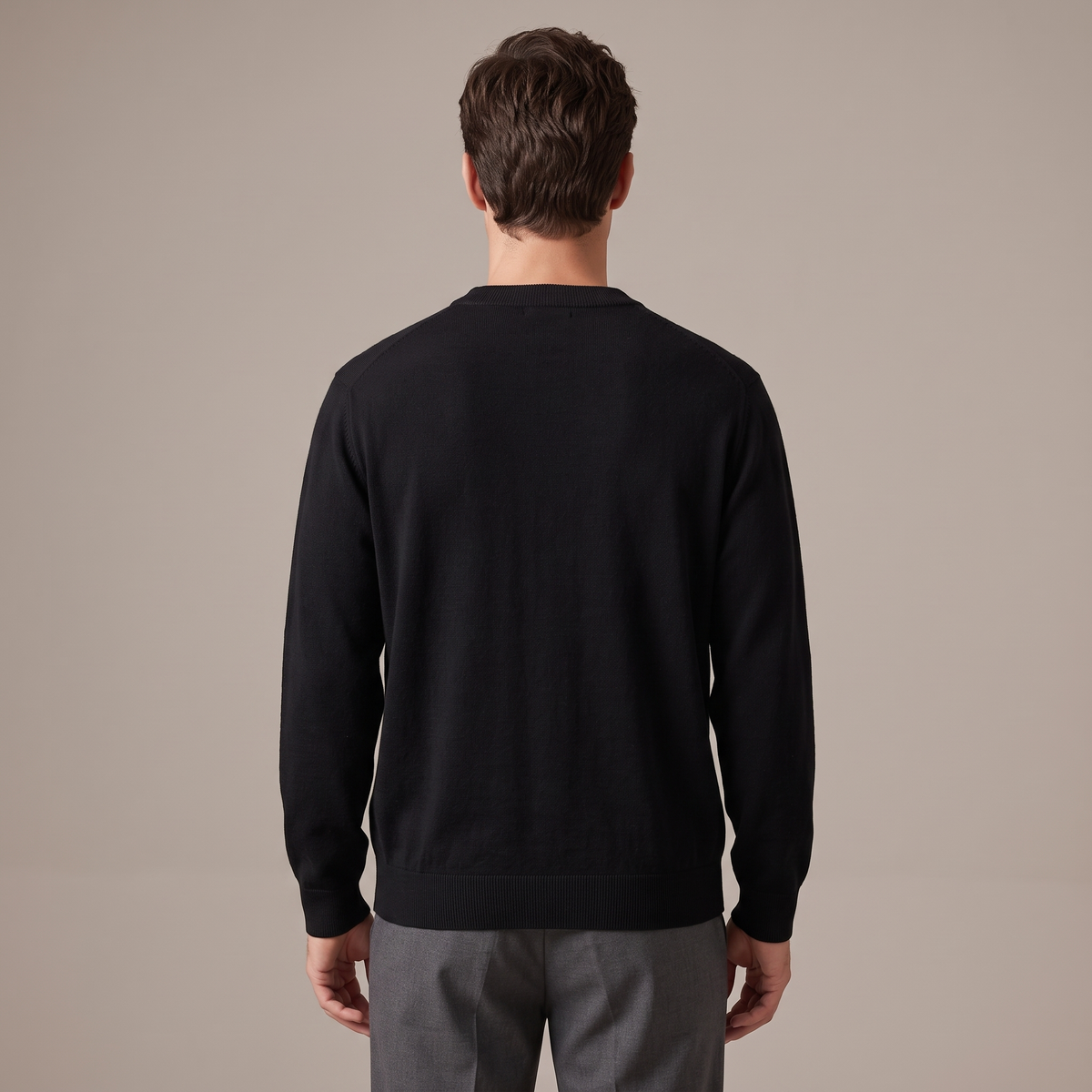 Men's black merino wool crew neck jumper, back view