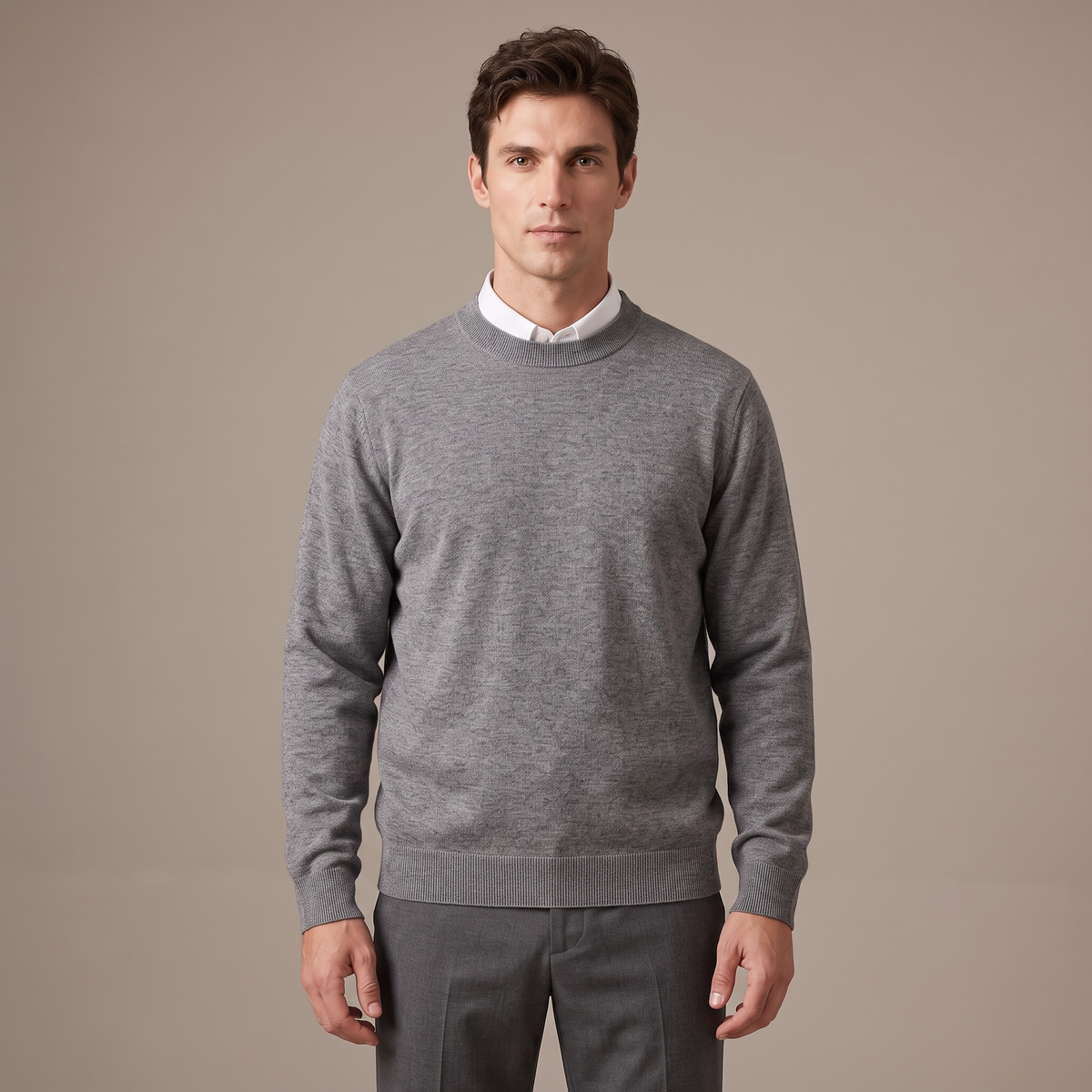 Men's grey 100% merino wool crew neck jumper, front view