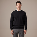 Men's black 100% merino wool crew neck jumper, front view