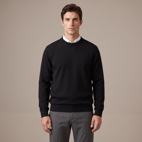 Men's black 100% merino wool crew neck jumper, front view