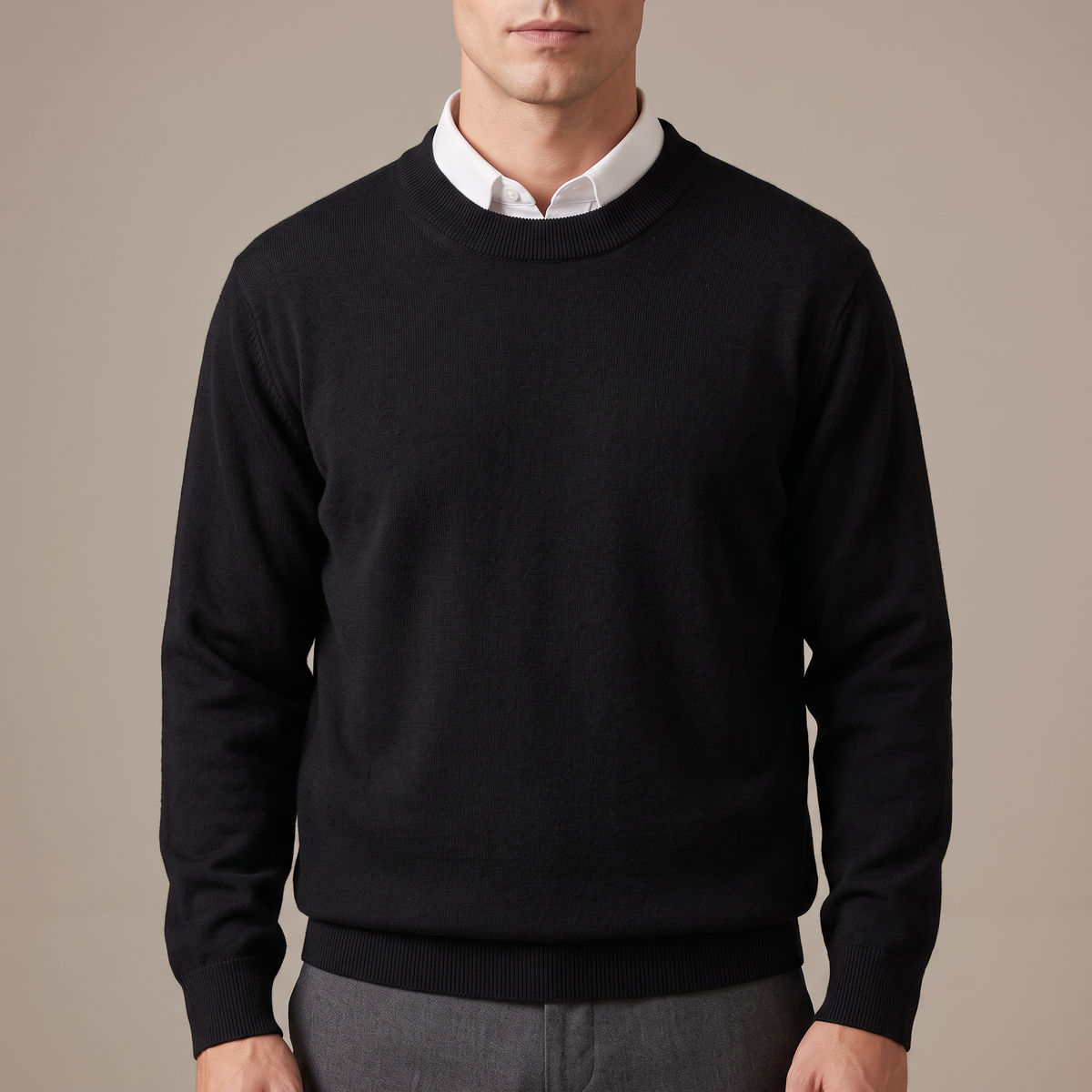 Close detail of the ribbed crew neck and merino stitch, in black
