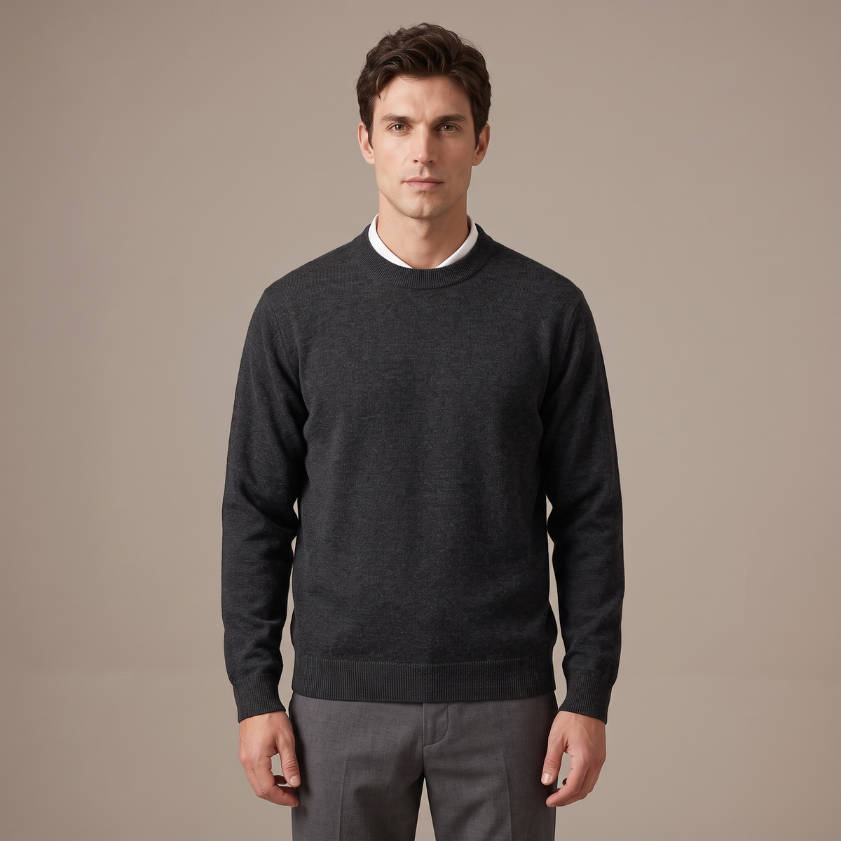 Men's charcoal 100% merino wool crew neck jumper, front view