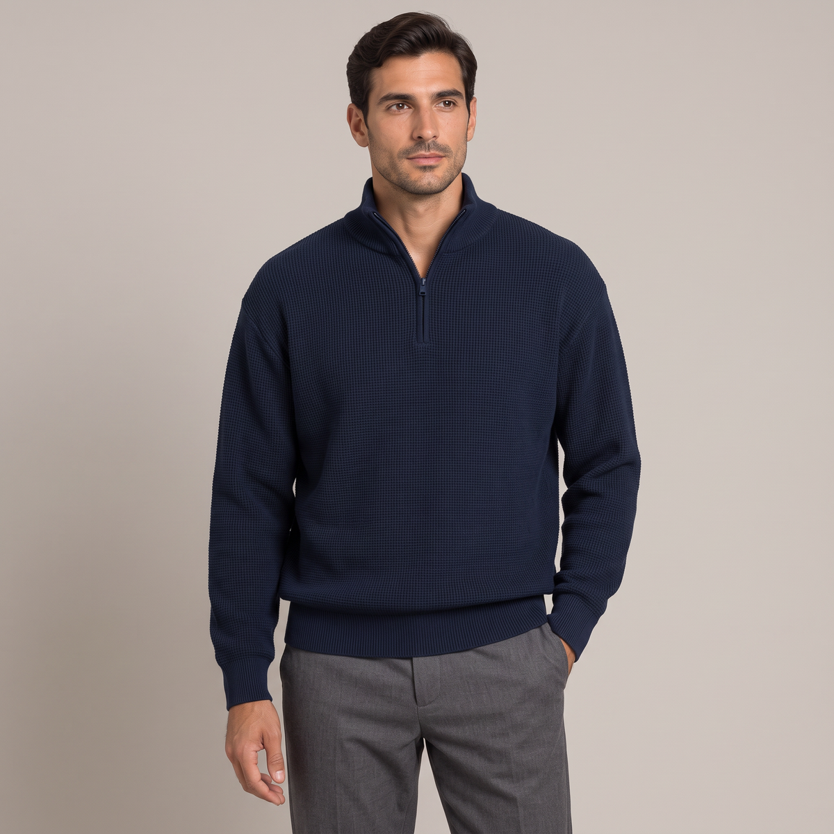 Men's half-zip jumper with stand collar in navy