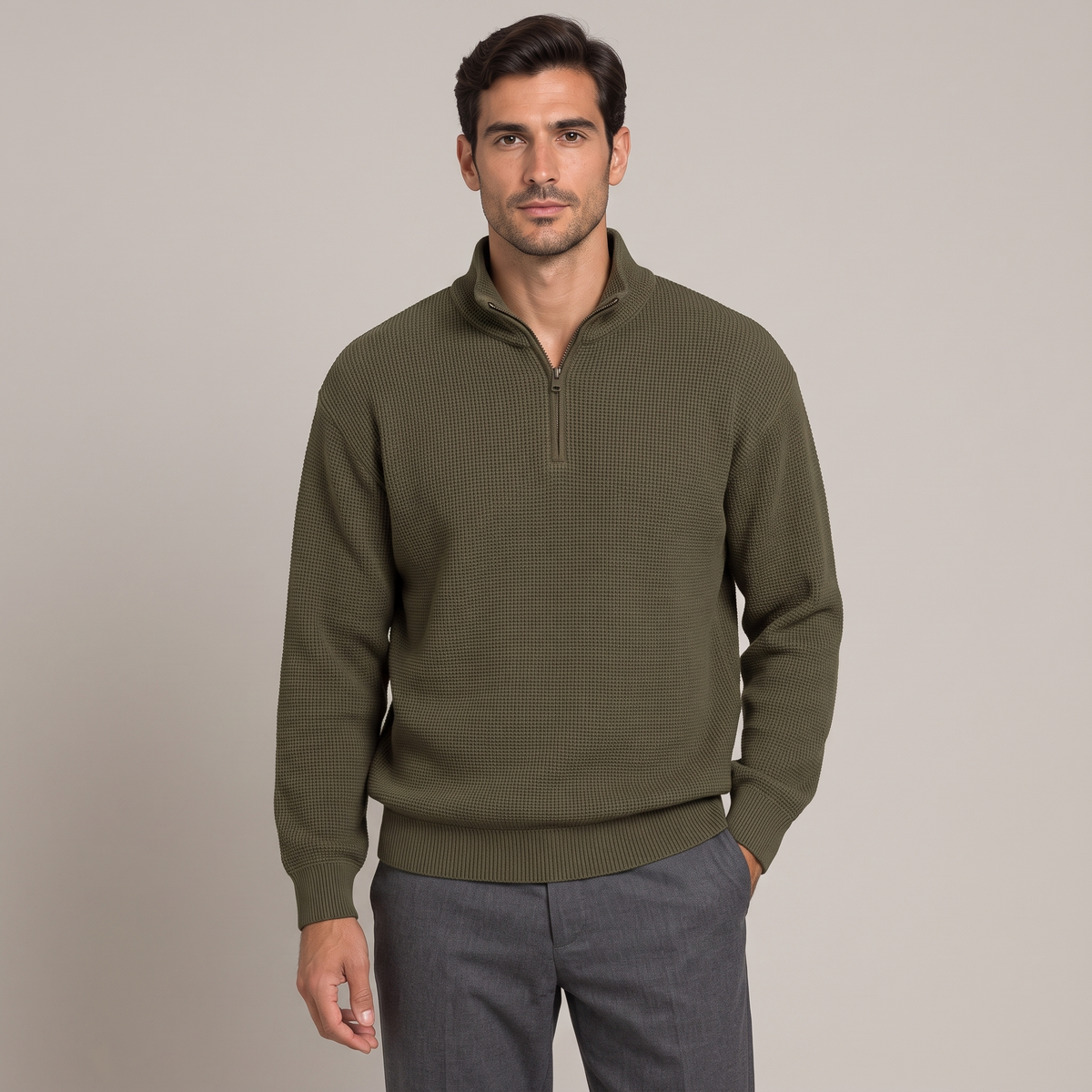 Men's half-zip jumper with stand collar in olive