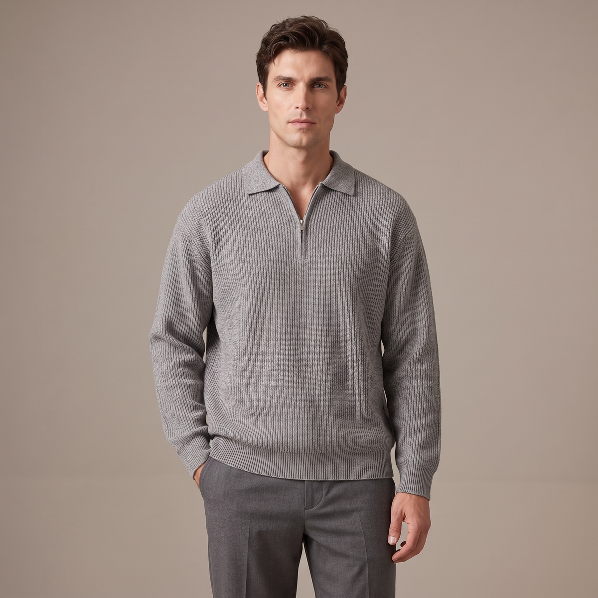 Men's relaxed-fit half-zip knitted jumper in grey