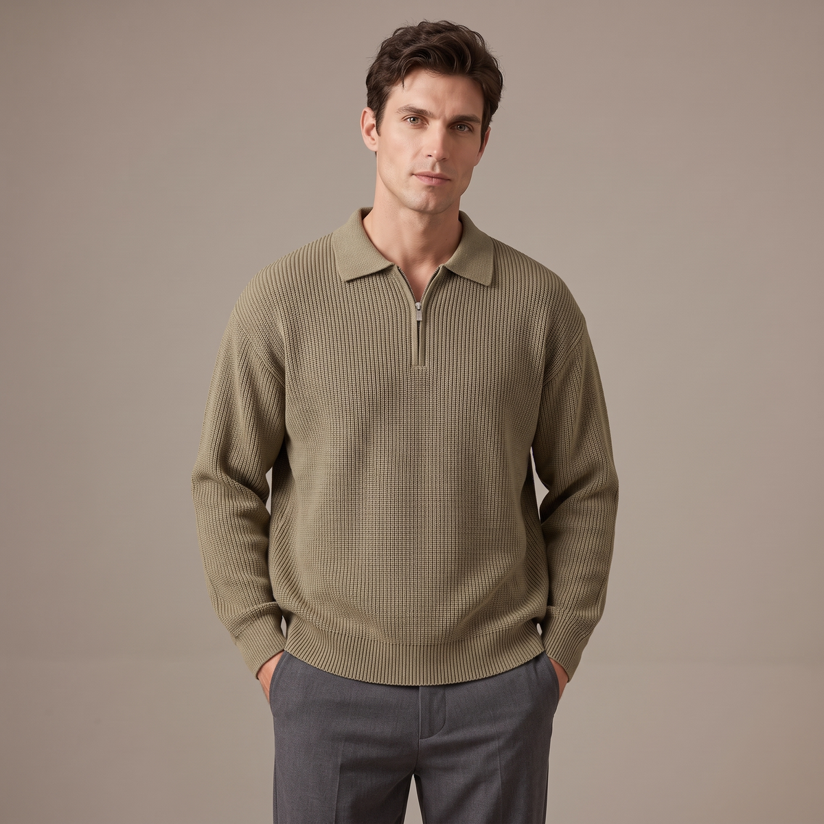 Men's relaxed-fit half-zip knitted jumper in khaki