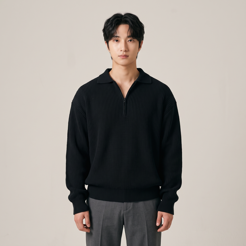 Men's relaxed-fit half-zip knitted jumper in black