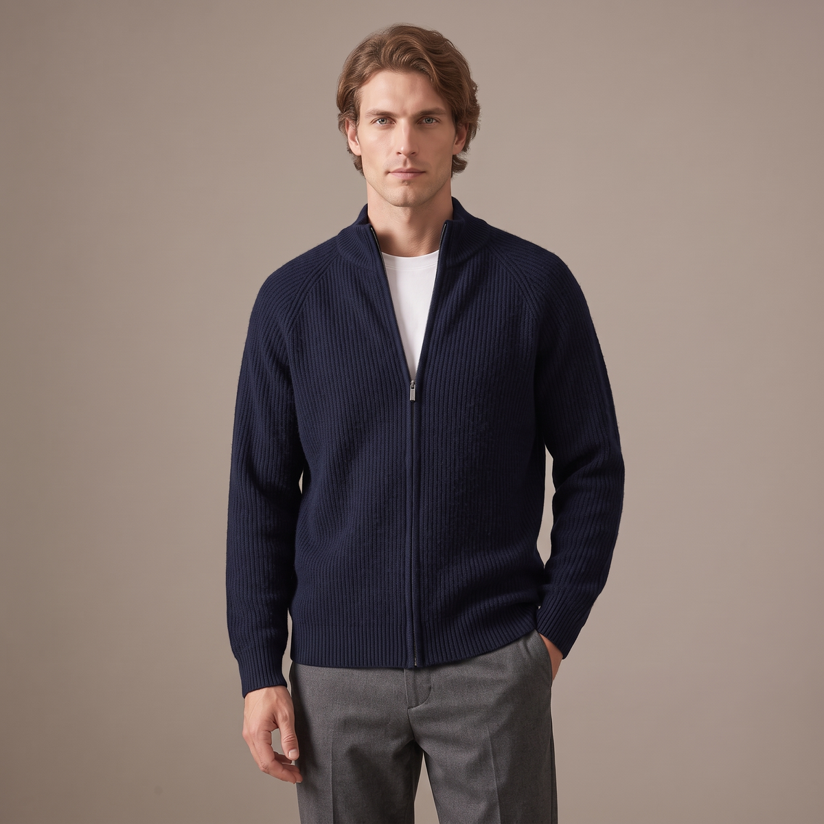 Men's full-zip wool cardigan in navy