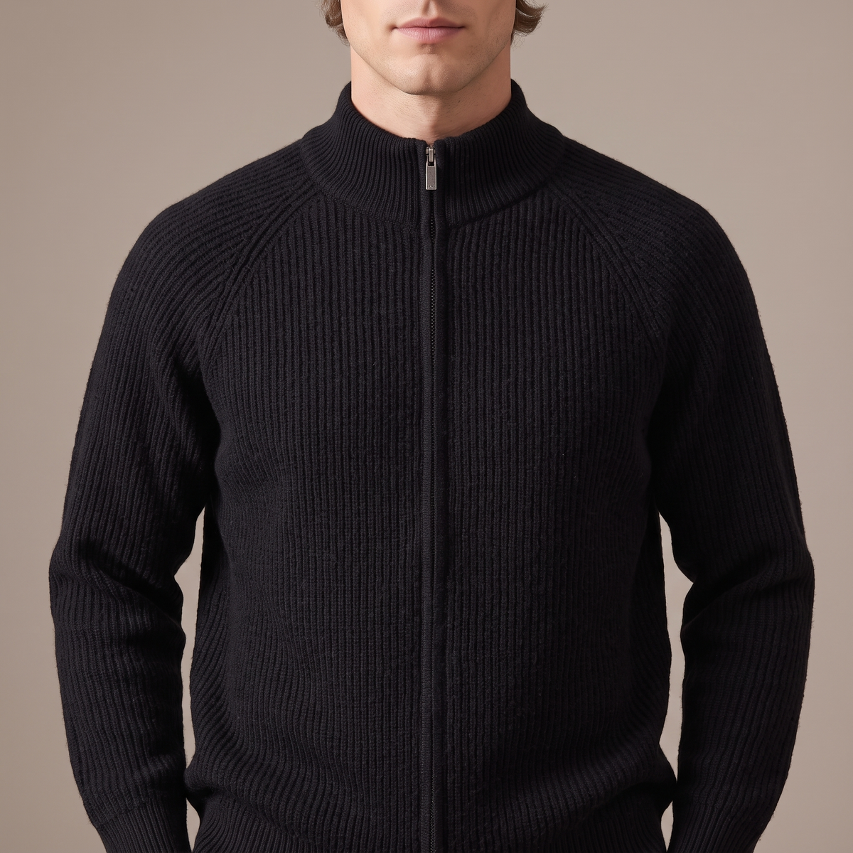 Close-up of the zip placket and ribbed collar, in black