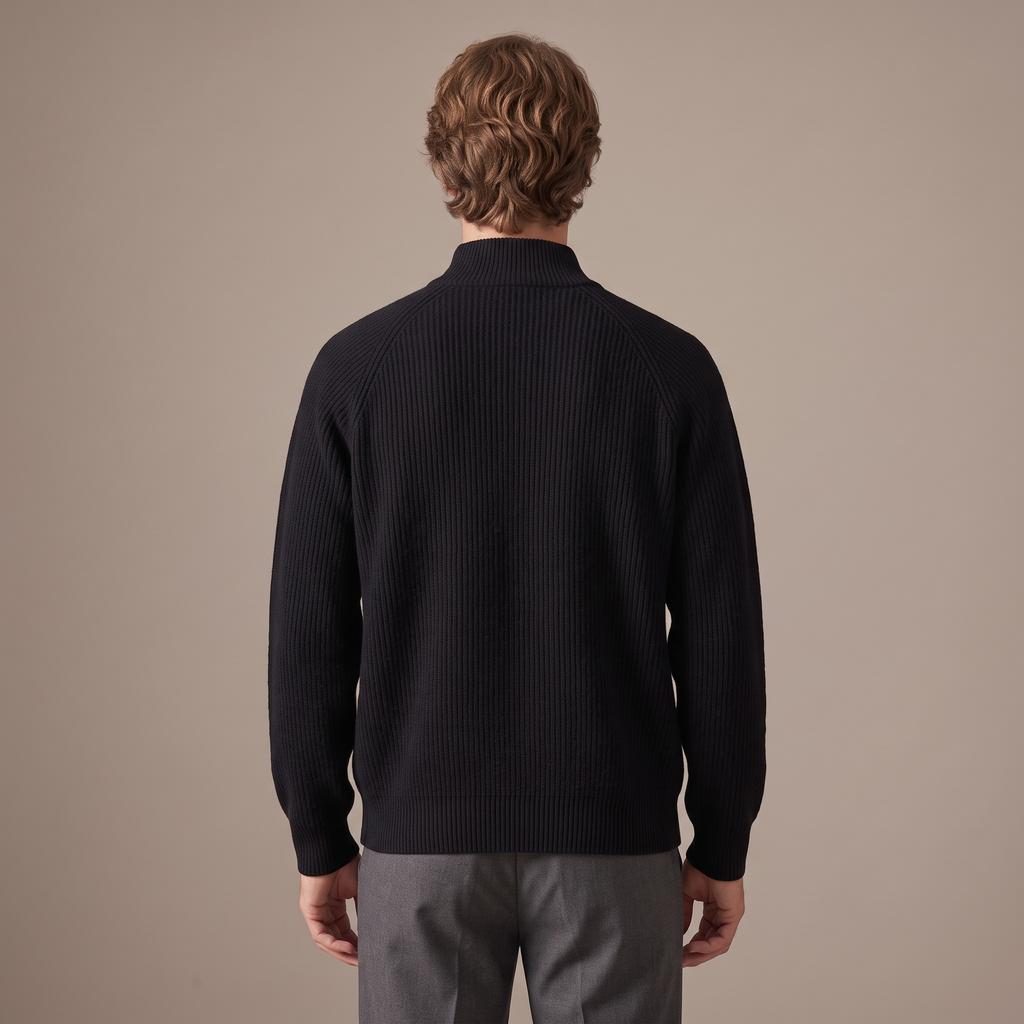 Back view of the full-zip wool cardigan in black