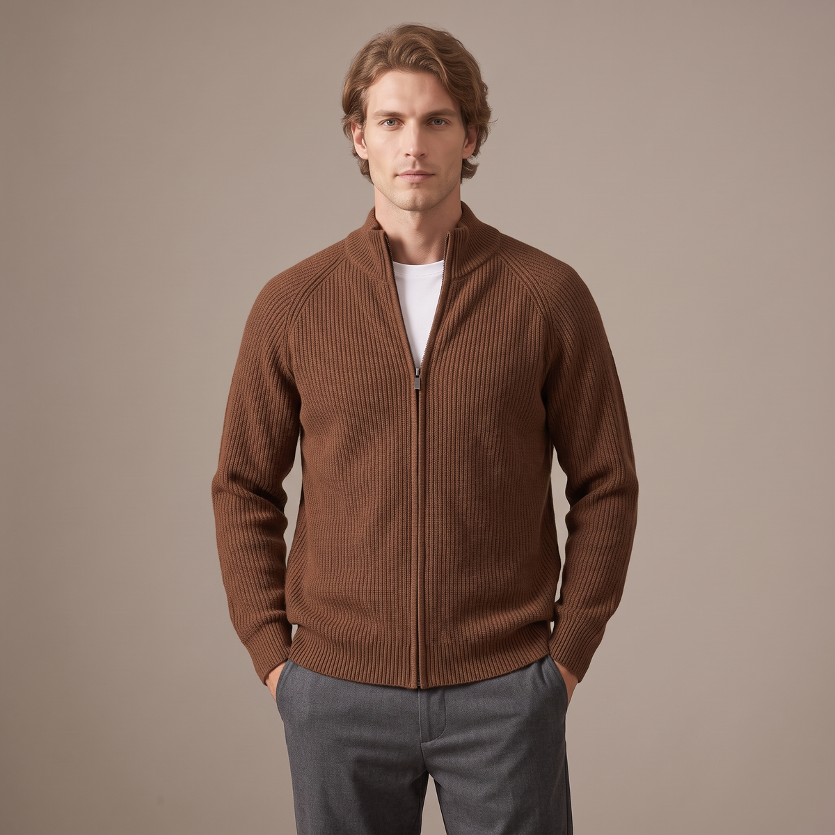 Men's full-zip wool cardigan in brown