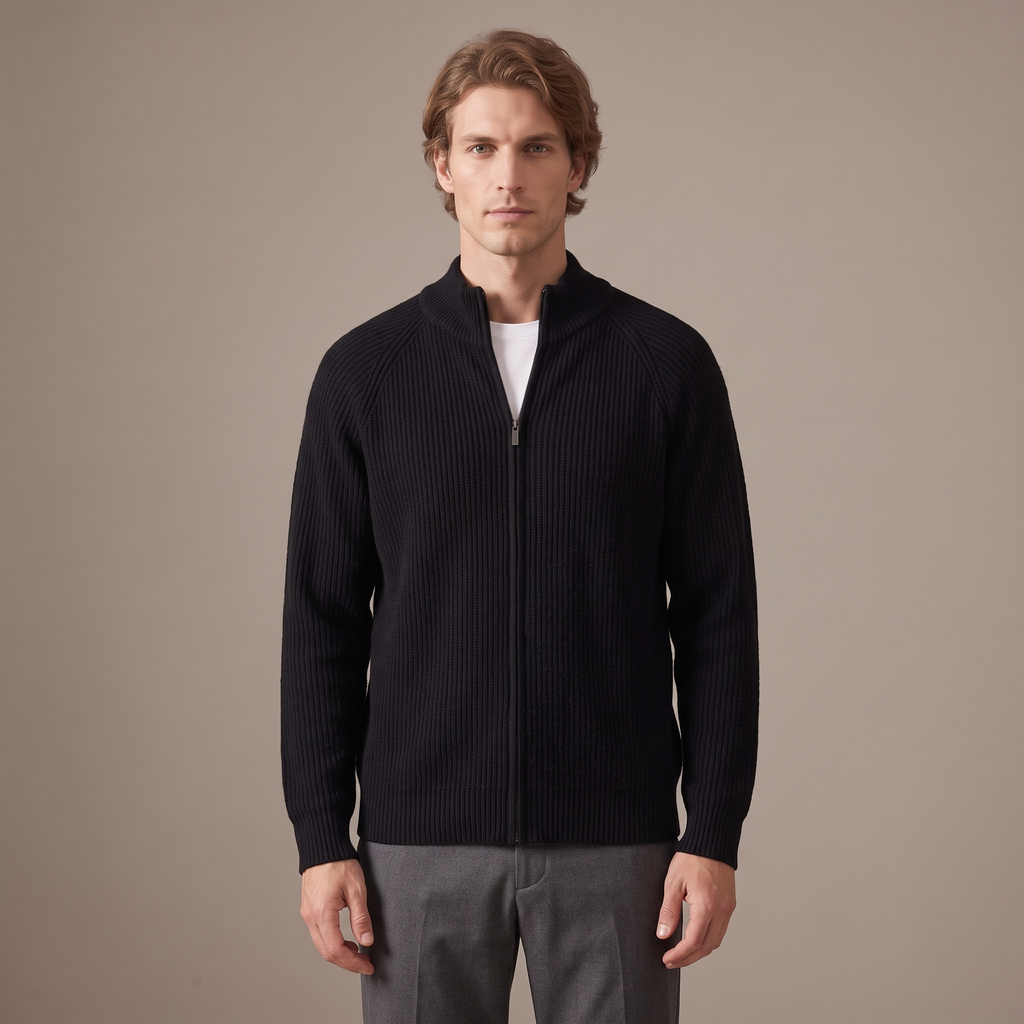 Men's full-zip wool cardigan in black