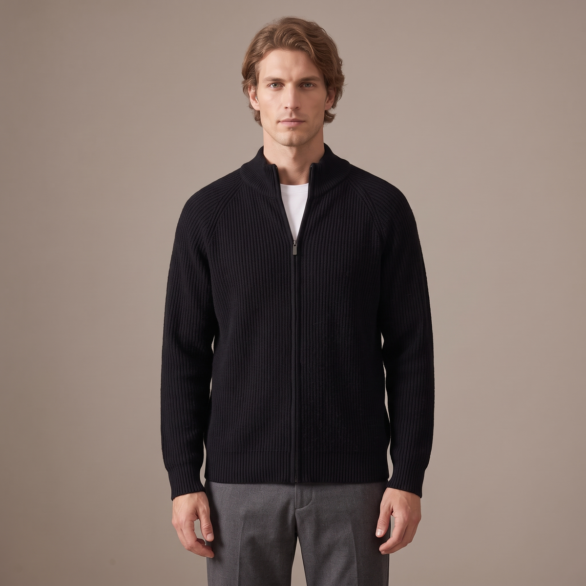 Men's full-zip wool cardigan in black