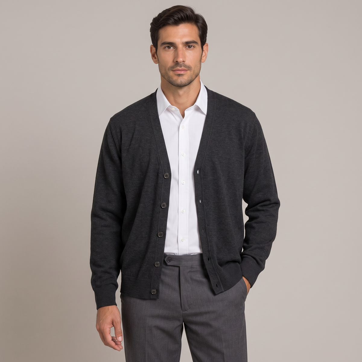 Men's fine-knit V-neck cardigan in charcoal